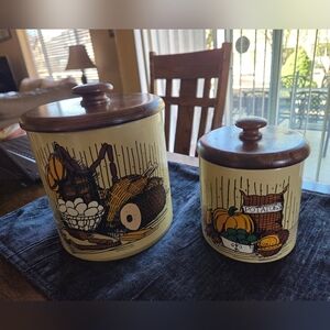 Pair Of Ransburg (Indianapolis) Tin Canisters With Solid Wood Lids Vintage 1970s